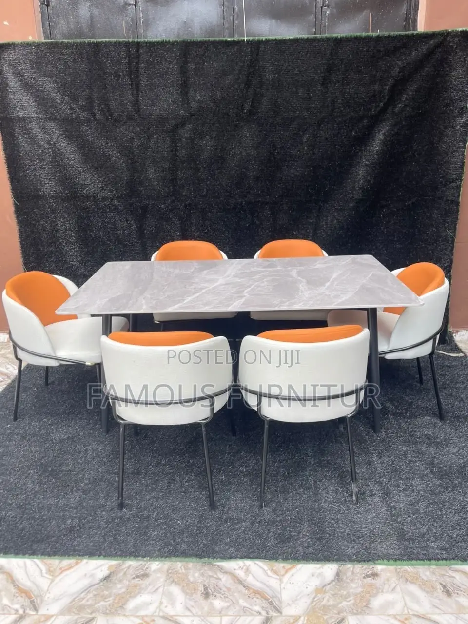 Modern 6-Seater Rectangular Marble-Top Dining Set Featuring White