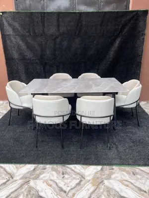 Modern 6-Seater Rectangular Marble-Top Dining Set Featuring White