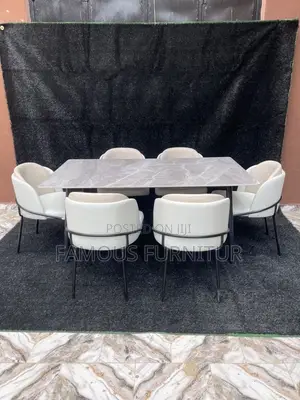 Modern 6-Seater Rectangular Marble-Top Dining Set Featuring White