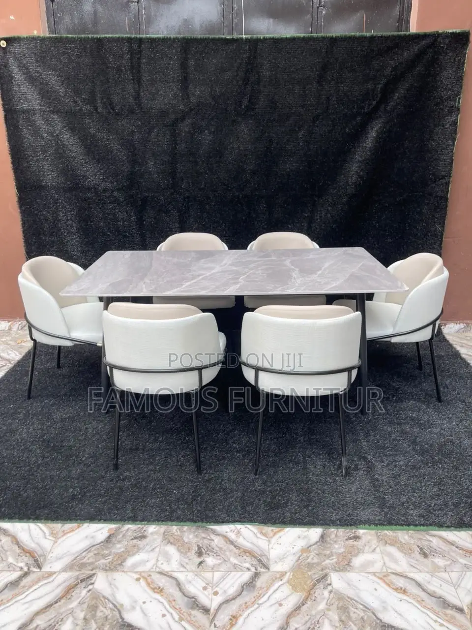 Modern 6-Seater Rectangular Marble-Top Dining Set Featuring White