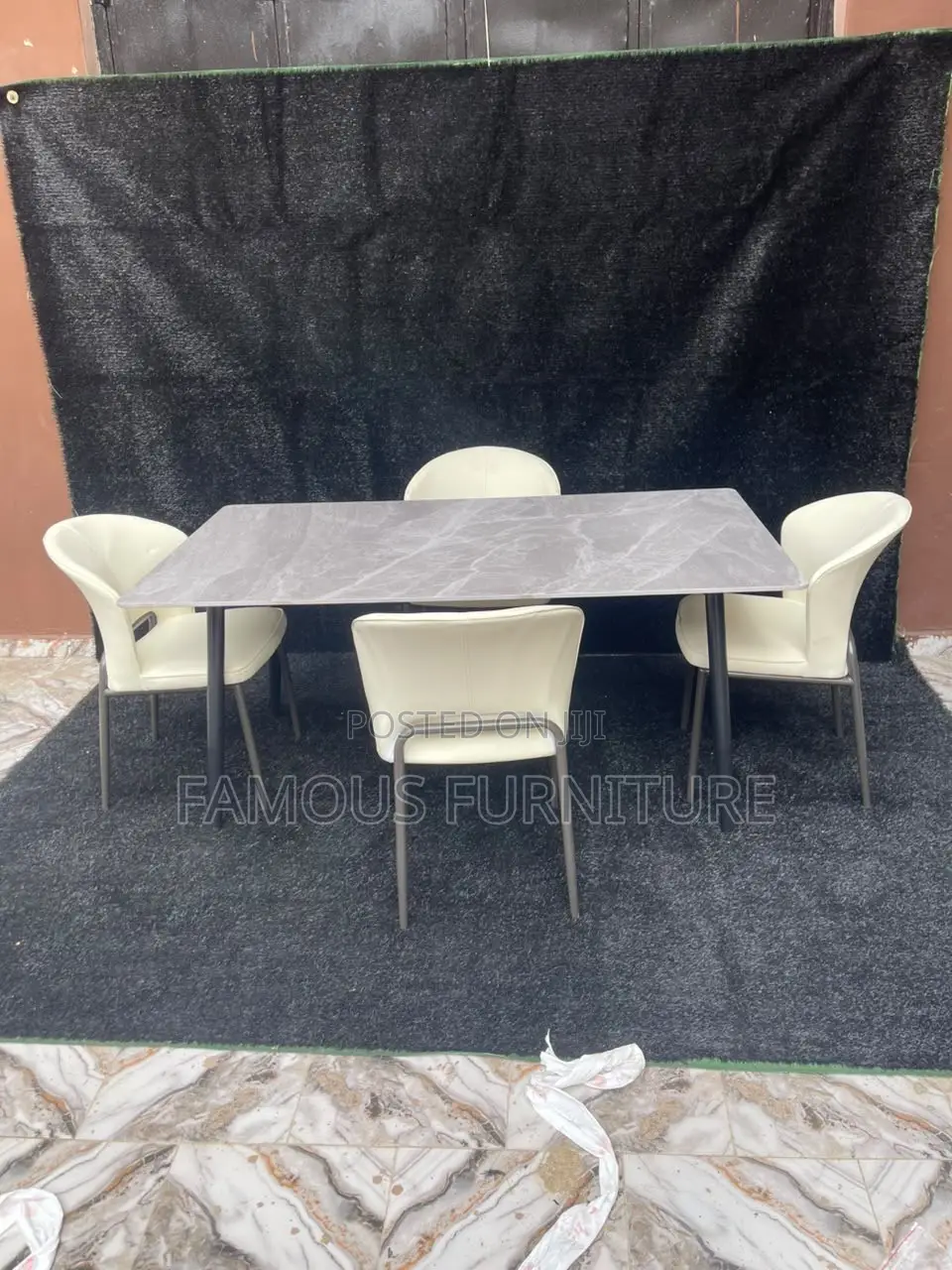 Modern 4-Seater Dining Set Featuring a Gray Faux-Marble Rectangular