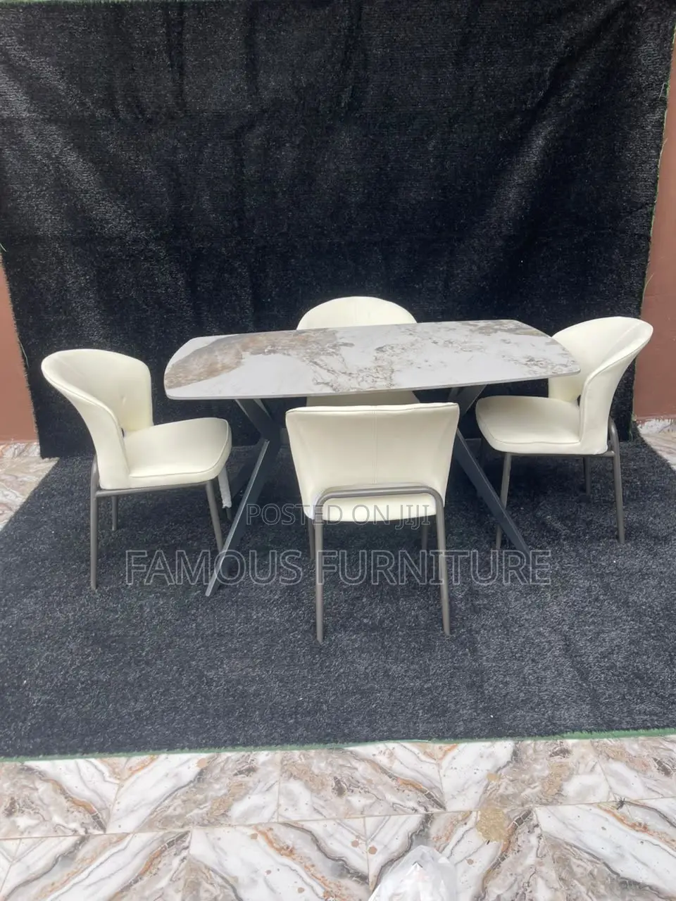 Modern 4-Seater Dining Set Featuring a Gray Faux-Marble Rectangular