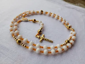 White Crystal Rosary With Gold Accents