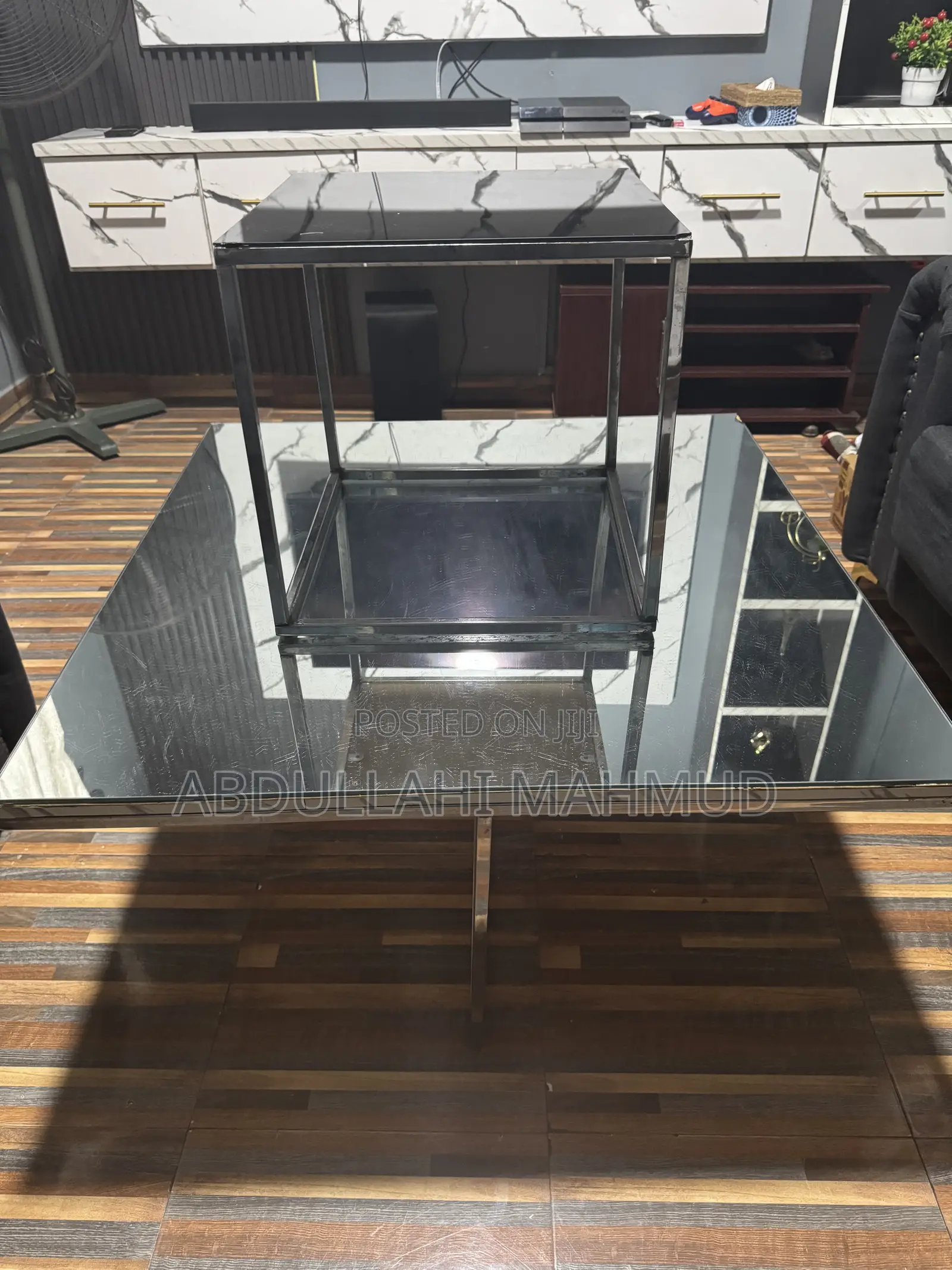 MIRRORED GLASS TABLE SET - Modern 2Piece Table Pair (Large Small)