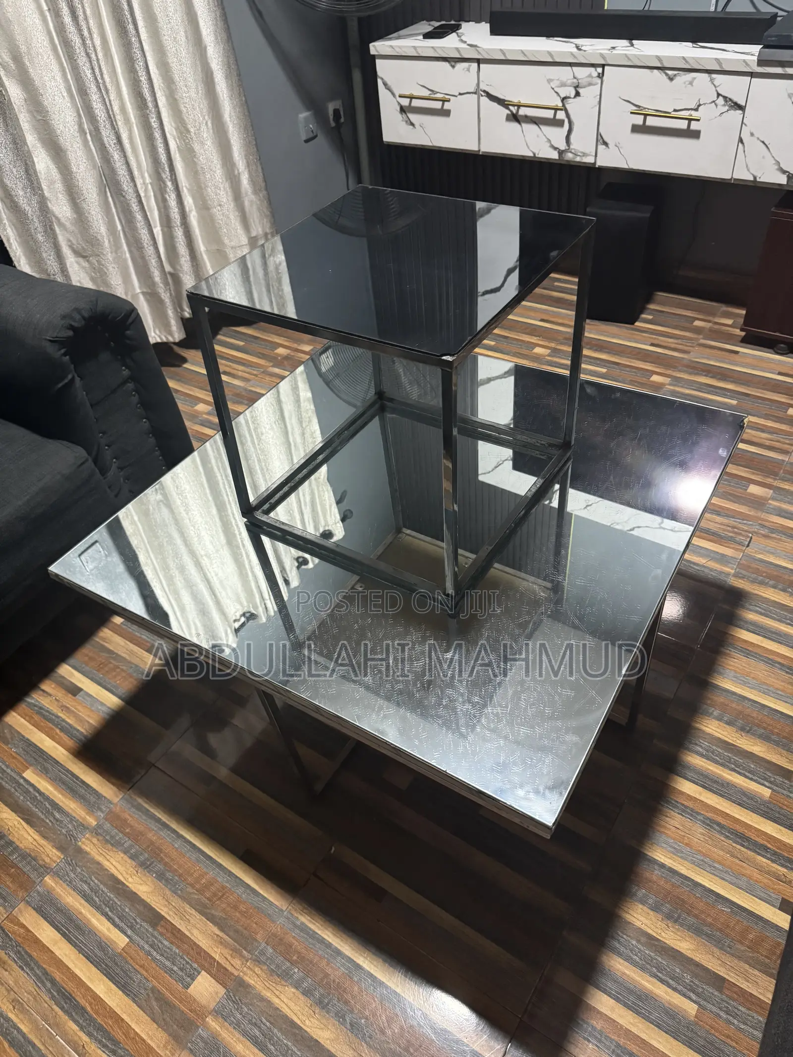 MIRRORED GLASS TABLE SET - Modern 2Piece Table Pair (Large Small)