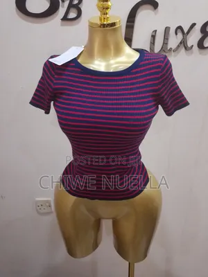 Ladies Striped Knit Top - Short Sleeve Bodycon Stretchy Top