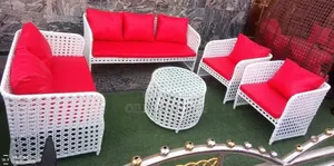 ​Modern Outdoor Synthetic Wicker Sofa Set With Red Cushions