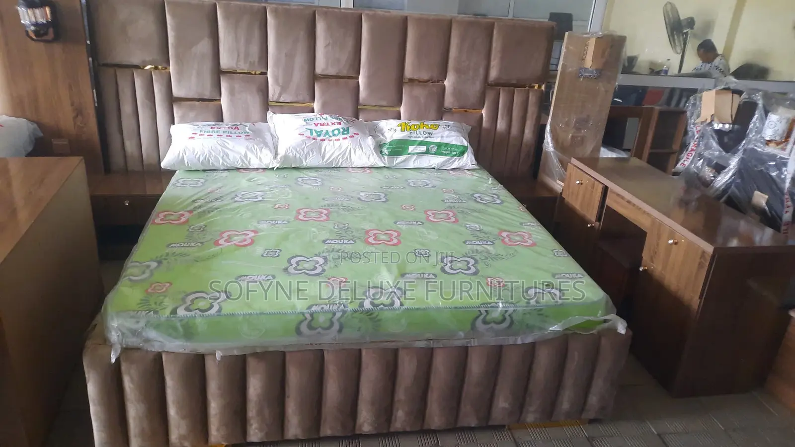 Fabric Paded Bed Frame With Bedside