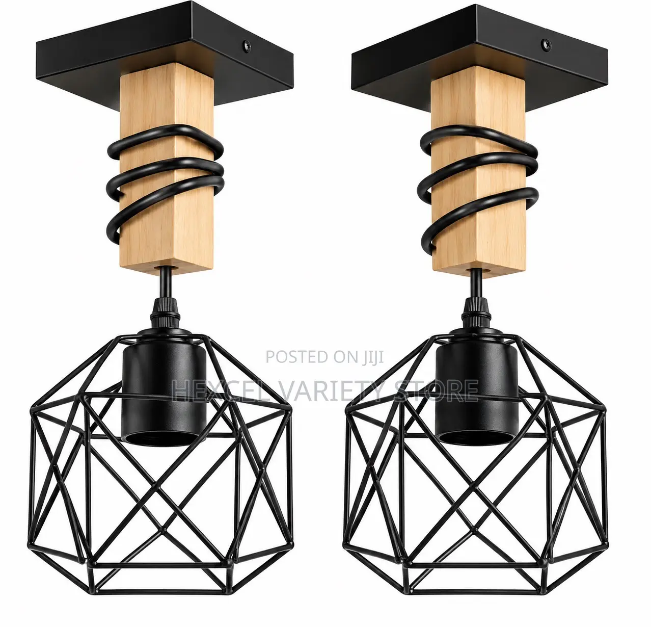 Modern Geometric Cage Ceiling Light – Wood Black Metal - Pair