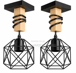 Modern Geometric Cage Ceiling Light – Wood Black Metal - Pair