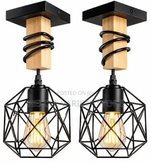 Modern Geometric Cage Ceiling Light – Wood Black Metal - Pair