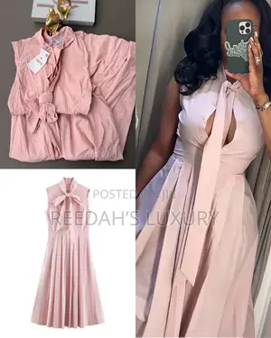 Blush Tie-Neck Pleated Midi Dress