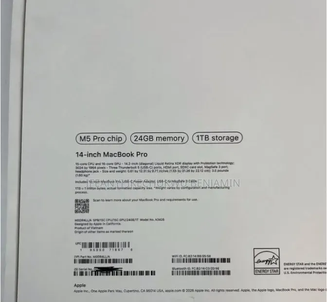 New Laptop Apple MacBook Pro 2026 M5 Pro 24GB Apple M5 Pro SSD 1T