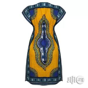 African Print Traditional Midi Dress - Yellow Blue