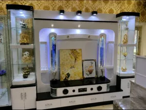 Luxury Modern TV Wall Unit With Blue RGB LED Light Wine Display