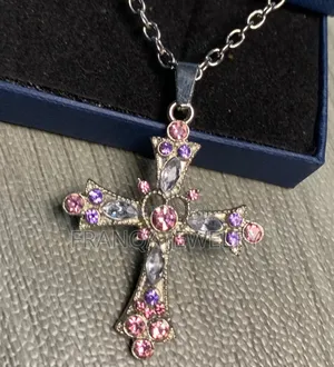 Pink Crystal Heart Charm Cross Gothic Necklace