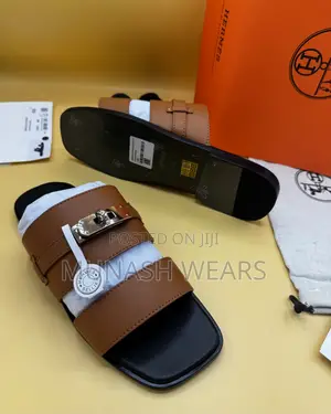 Original Leather Hermes Calfskin Brown Ans Black Slipers 40-46