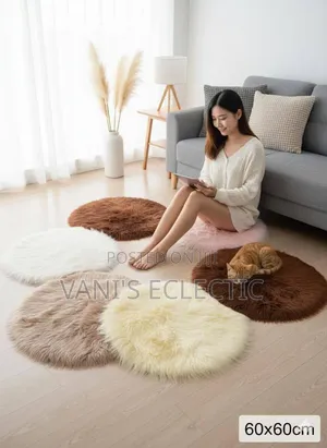 Premium Round Faux Fur Rug and Heavy-Duty Rubber Welcome Doormat