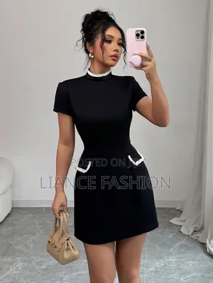 Short Black Dress With 2 Side Beaded Pockets