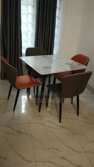 Modern 4-Seater Marble Dining Table Set With Black Metal Leg