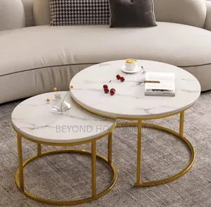 2 in 1 Faux-Marble Center Table Round Nesting Coffee Table Set
