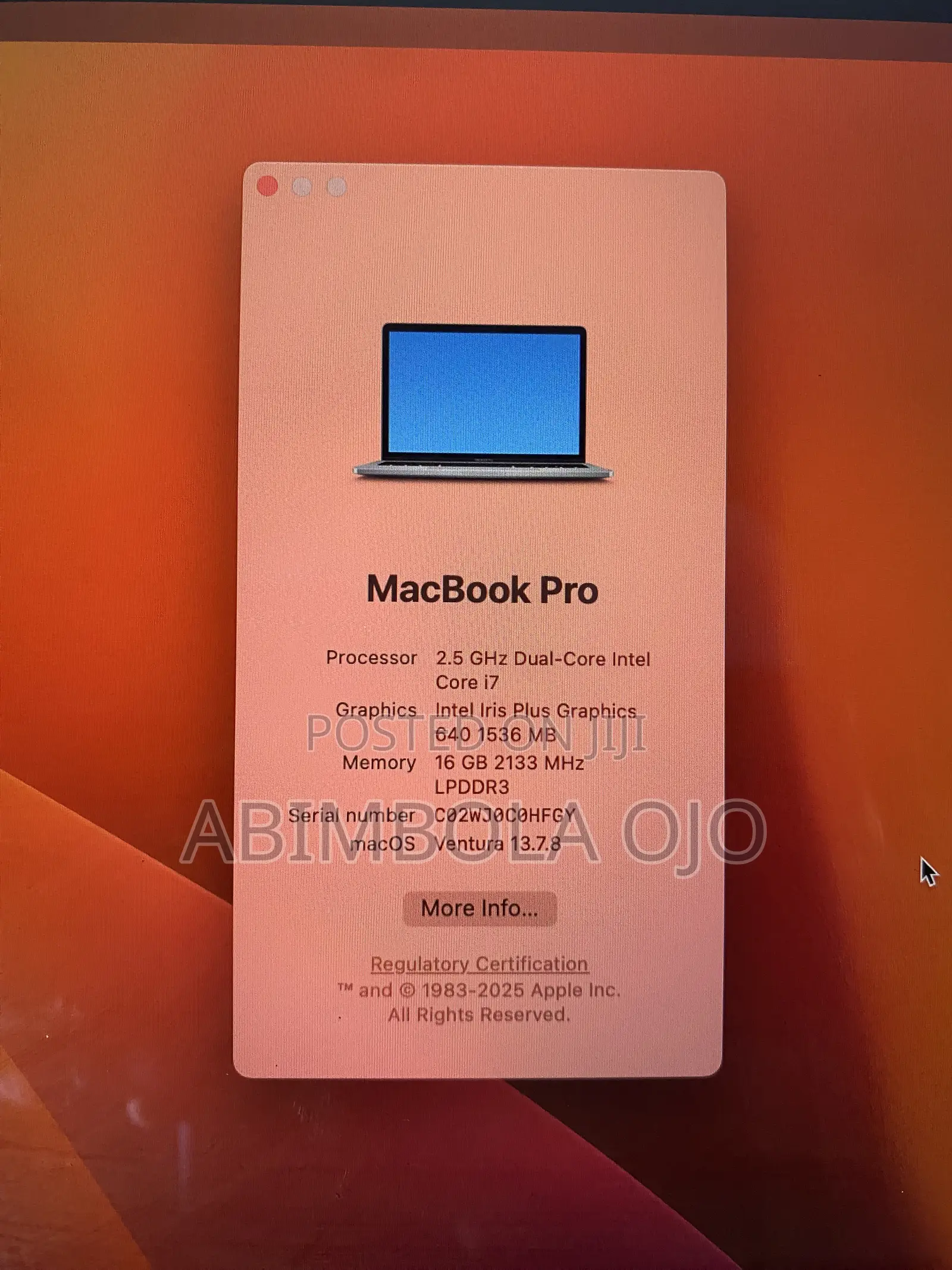 Laptop Apple MacBook Pro 2017 16GB Intel Core i7 SSD 256GB