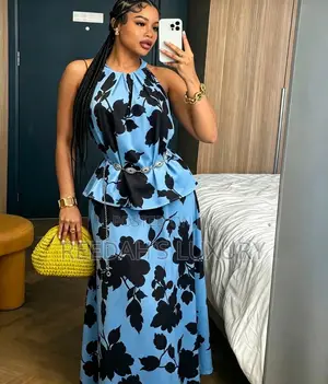 Blue Floral Halter Peplum Maxi Set