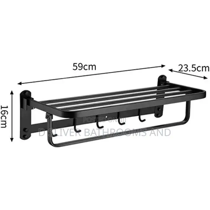 Foldable Black Bathroom Towel Rack With Hooks (60cm)