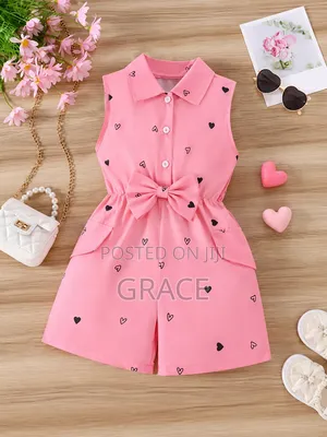 Girls Pink Heart Print Sleeveless Romper With Bow - 1-8 Yrs