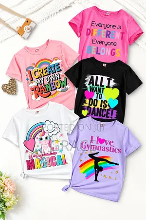 5pcs Cute Girls Graphic T- Shirt Set- Rainbow Unicorn 1-8yrs
