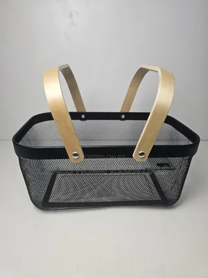 Black Metal Mesh Storage Basket With Wooden Handles