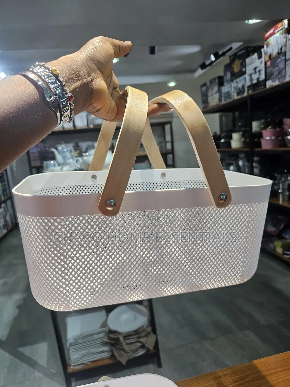 White Mesh Storage Organizer Basket With Wooden Handles
