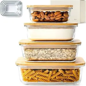 Rectangular Glass Food Storage Containers With Natural Bamboo Lids.