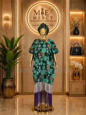 Teal Floral Fringe Boubou + Matching Gele - Free Delivery in Ibadan