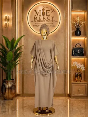 Luxury Draped Boubou Gown With Scarf - Beige