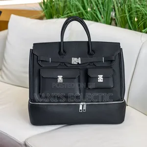 Premium Black Leather Travel Tote Weekend Bag–Multi Pocket Organizer