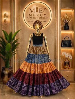 Luxury 5-Tier Adire Maxi Skirt - Very Full Flare - Multicolor