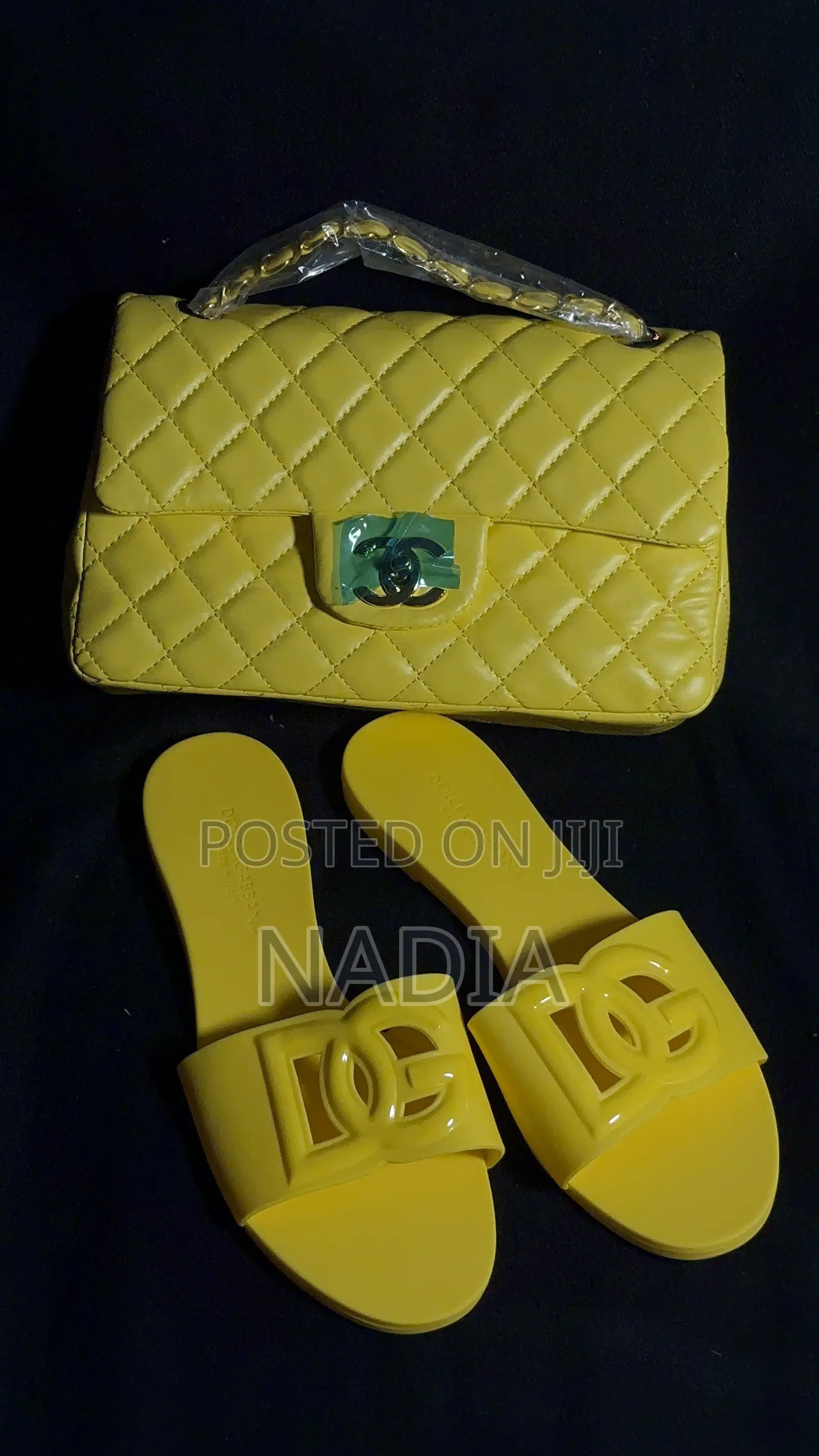 Yellow Quilted Handbag Matching Slides