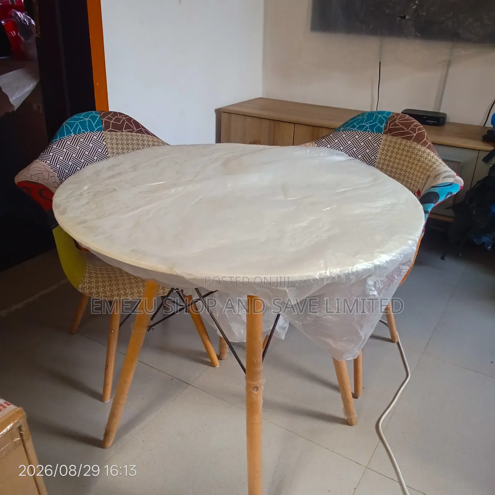 Round Dining Table + 2 Patchwork Accent Chairs