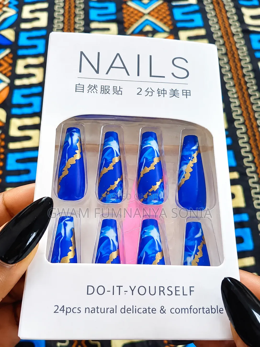 Royal Blue Marble Press on Nails Gold Accent - 24pcs