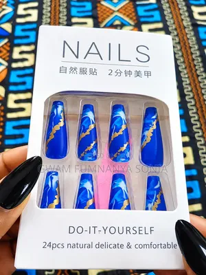 Royal Blue Marble Press on Nails Gold Accent - 24pcs
