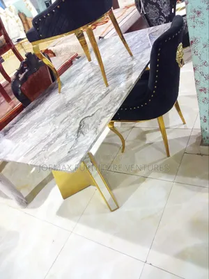 Eight Seaters Marble Dining Table Set With Fabric Standard Chairs