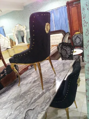 Eight Seaters Marble Dining Table Set With Fabric Standard Chairs