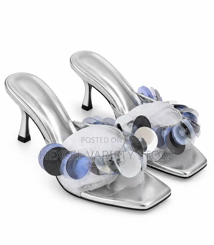 Ladies Silver Sequin Embellished Mule Heels