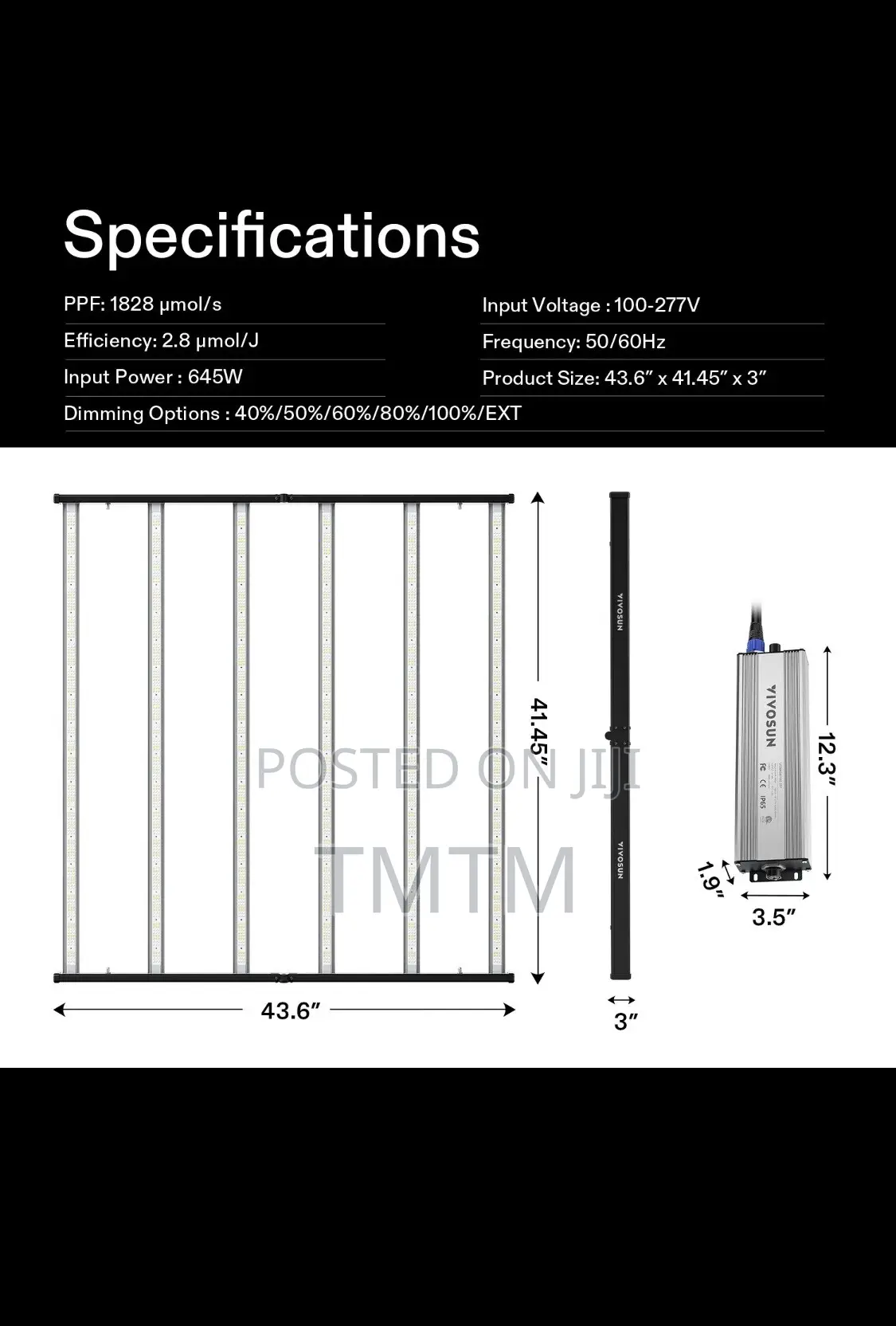 Full Spectrum LED Grow Light Bar 645W, Foldable 6 Dimming Option