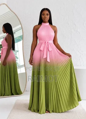 Elegant Pink Green Pleated Maxi Gown for Women