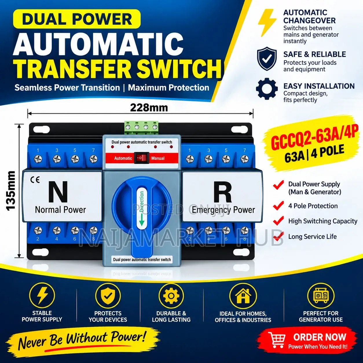 Automatic Change Over Switch:63 Dual Power ATS 4P 63A 400vac