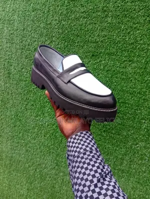 Men's Black White Leather Loafers - Chunky Sole