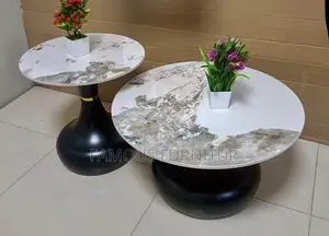 Modern Set of Round Coffee Tables Smooth White Marble Top.
