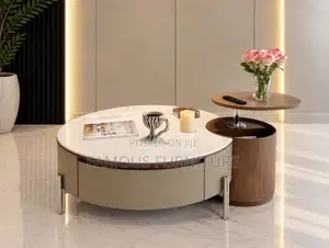 Modern Round Coffee Table Set With a White Marble-Look Top,